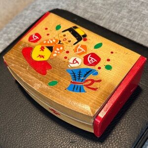 Colorful Wooden Trinket Box with Red and Gold Accents